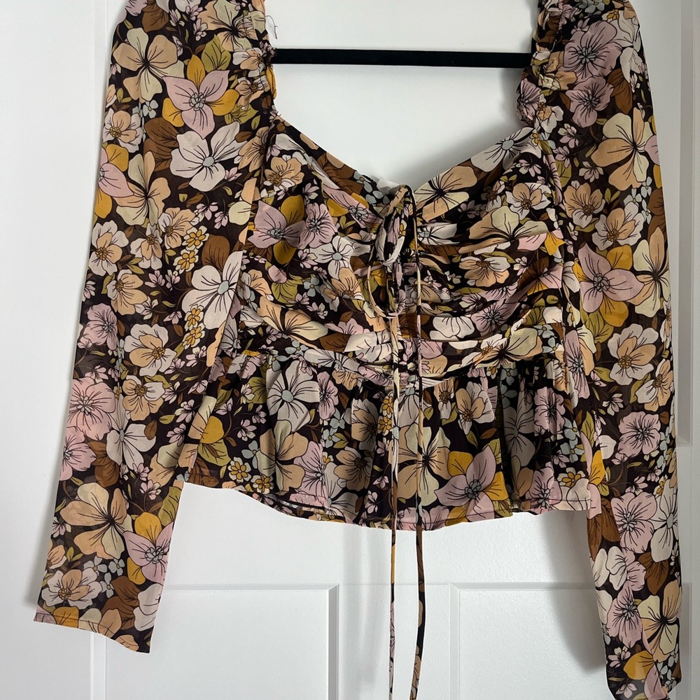 Astr Floral Lace-Up Blouse in Pink, Brown, and Yellow